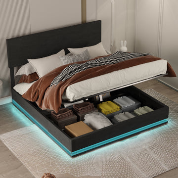 Höhenverstellbares Samt-Doppelbett mit LED/USB Dunkelgrau/Beige LVHOM