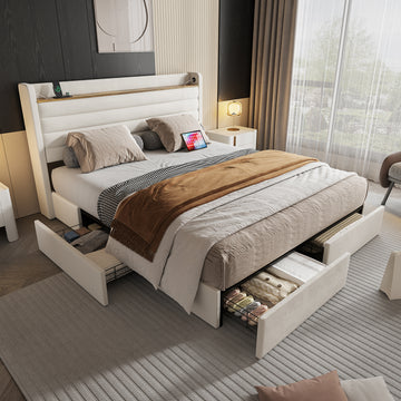 Beiges Bett 140x200 Samt, USB-Kopf, 4 Schubladen