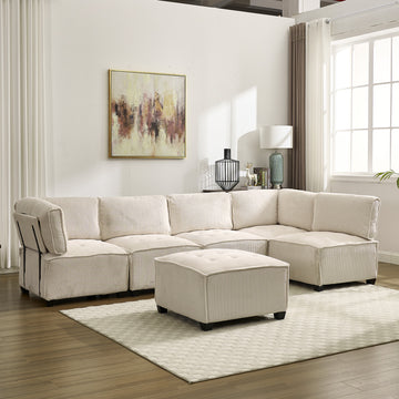 Modulares 6-Sitzer Sofa Beige Cord - U/L/Schlafsofa