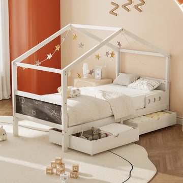 Kinderbett 90x200 aus Massivholz mit Rausfallschutz tafel & 2 Schubladen