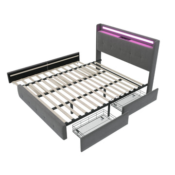 Doppelbett mit USB-LED-Kopfteil & Schubladen | 140/160cm in Grau/Beige