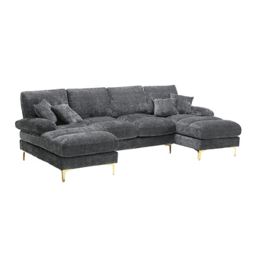 U-förmiges Chenille-Sektionssofa mit Massivholzrahmen Beige/Grau/Schwarz