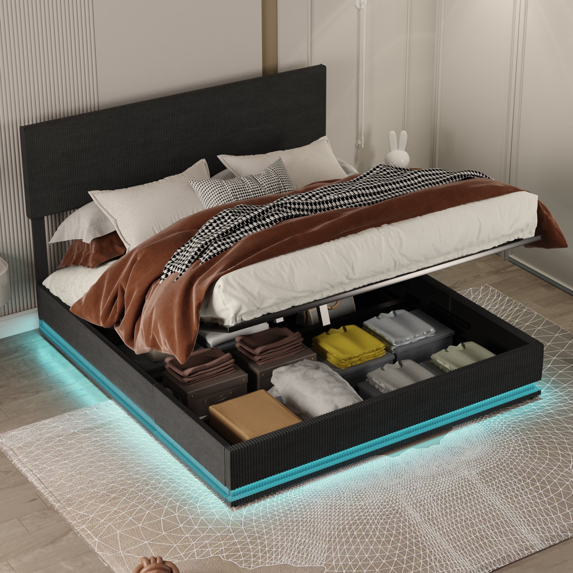 Höhenverstellbares Samt-Doppelbett mit LED/USB Dunkelgrau/Beige LVHOM