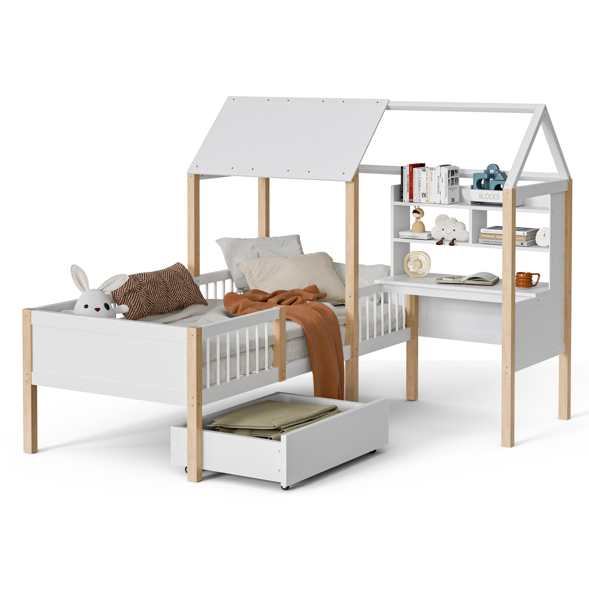 L-förmiges Kinderbett mit Schreibtisch & Schubladen 90x200cm Massivholz Rausfallschutz