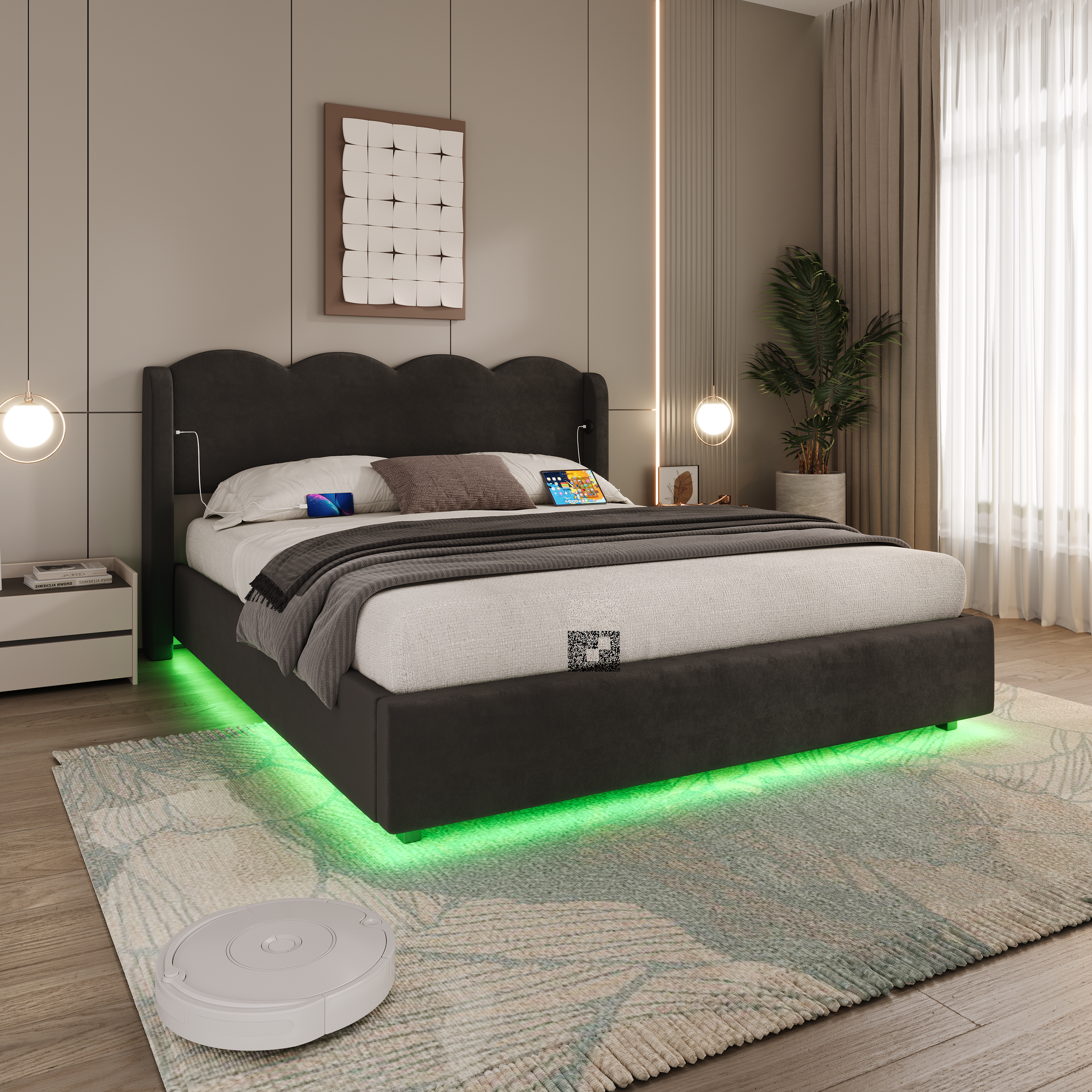 Französisches Doppelbett mit hydraulischem Stauraum, wellenförmigem Samtkopfteil & LED – Luxusbett mit USB-Anschluss
