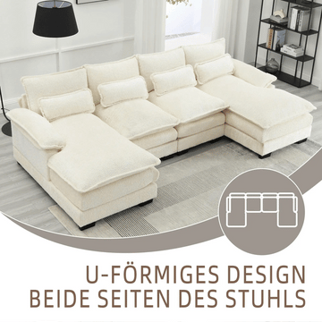 Luxus U-Sofa 4-Sitzer Bouclé, 6 Kissen, Beige/Grau